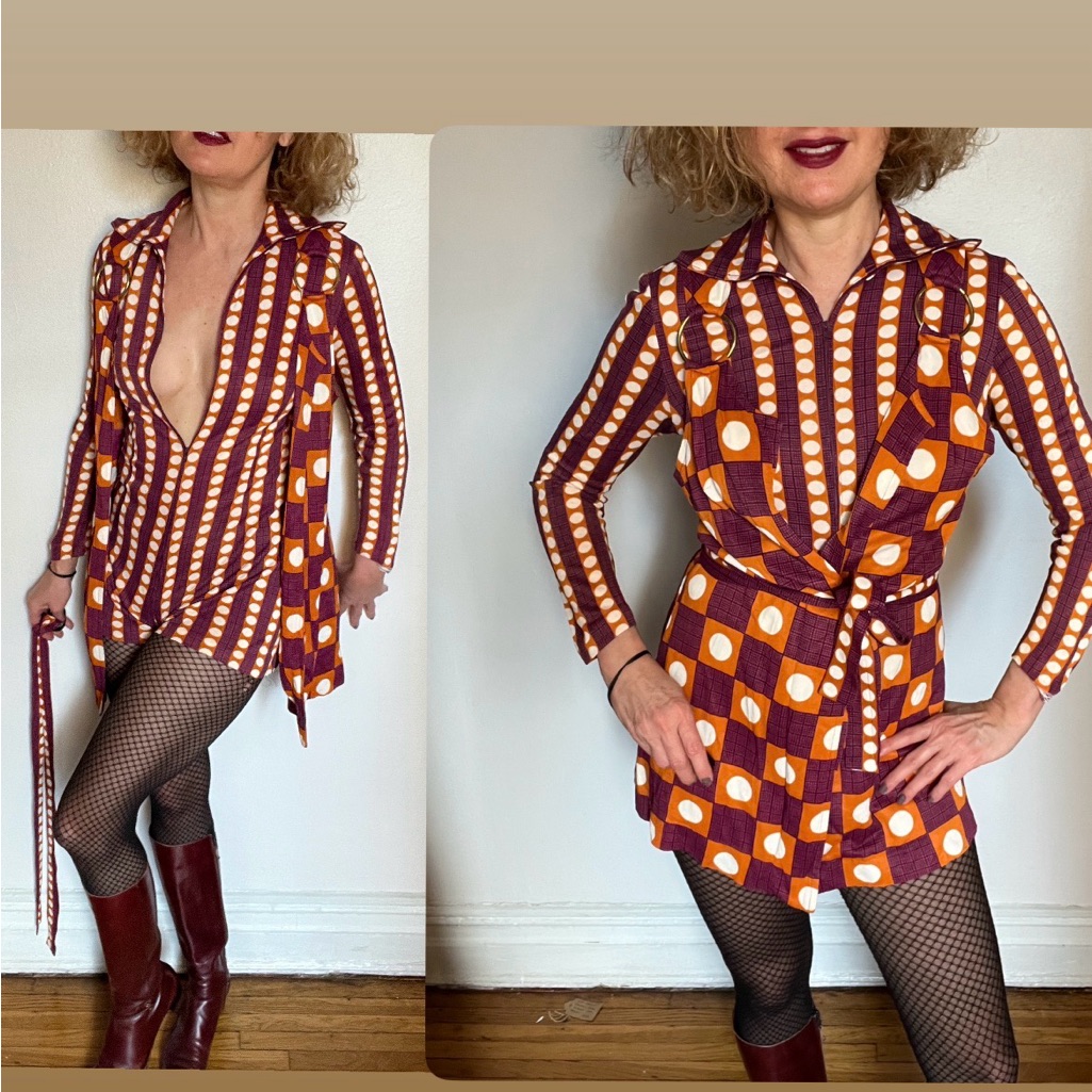 1970s Vintage Orange And Purple Geometric 3-Piece Jumpsuit/Romper Size Xs-Sm